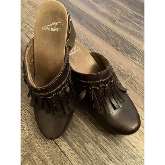 Dansko Brown Leather Mules with Fringe - Picture 3 of 10